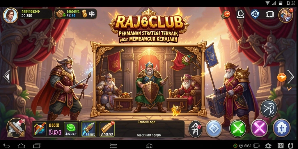 Tangkapan layar gameplay RAJACLUB menampilkan pertempuran yang seru dan pembangunan kerajaan.