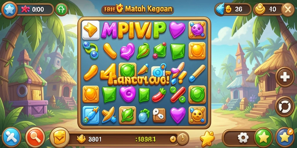 Screenshot RPVIP1 menunjukkan keseruan permainan Match-3 yang penuh warna.
