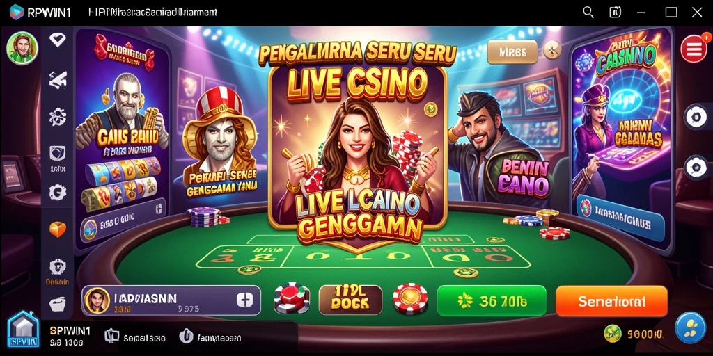 Screenshot gameplay RPWIN1 menampilkan dealer live dan suasana kasino yang dinamis.